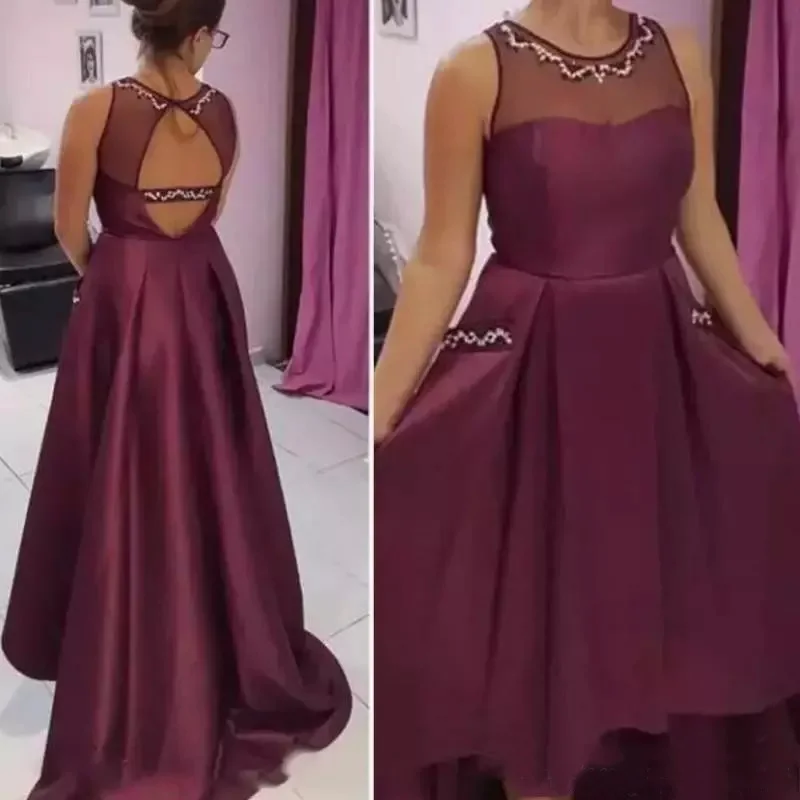Burgundy High Low Bridesmaid Dresses For Wedding Sheer Neck Sleeveless Sexy Backless Maid Of