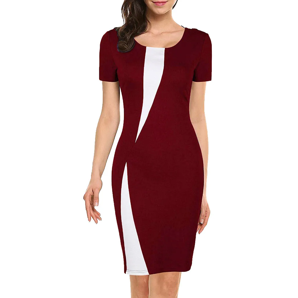 

2019 Summer Sundress Women Fashion Patchwork Stitching Stretch Slim Bag Hip Pencil Work Dress Plus Size L528