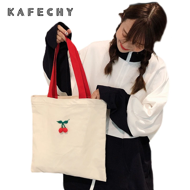 

Woman Bag 2019 New Casual Handbag Canvas Shoulder Bag Ladies Hand Bags Girls Cherry Tote Bag Purses Reusable Shopper Bags