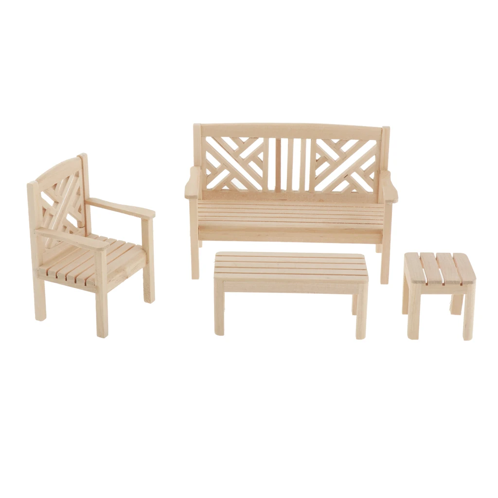 

Dollhouse Living Room Table and Chairs Set Natural Wooden Furniture for 1/12 Scale Doll House Decorations