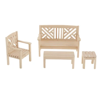

Dollhouse Living Room Table and Chairs Set Natural Wooden Furniture for 1/12 Scale Doll House Decorations