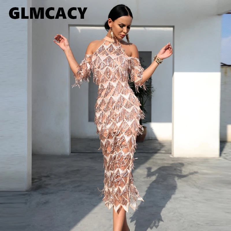 

Women Elegant Sequined Evening Party Dress Cold Shoulder Formal Vestidos Mesh Runway Dress Sexy Night Club Tassels Fringe Dress