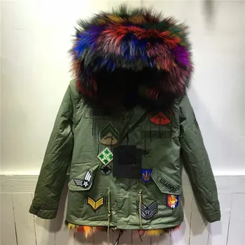 

Beading Patch Design Luxury Genuine Multi Colorful Fox Fur Inside Coat Jacket Real Raccoon Fur Hooded Outwear Winter Thick Parka