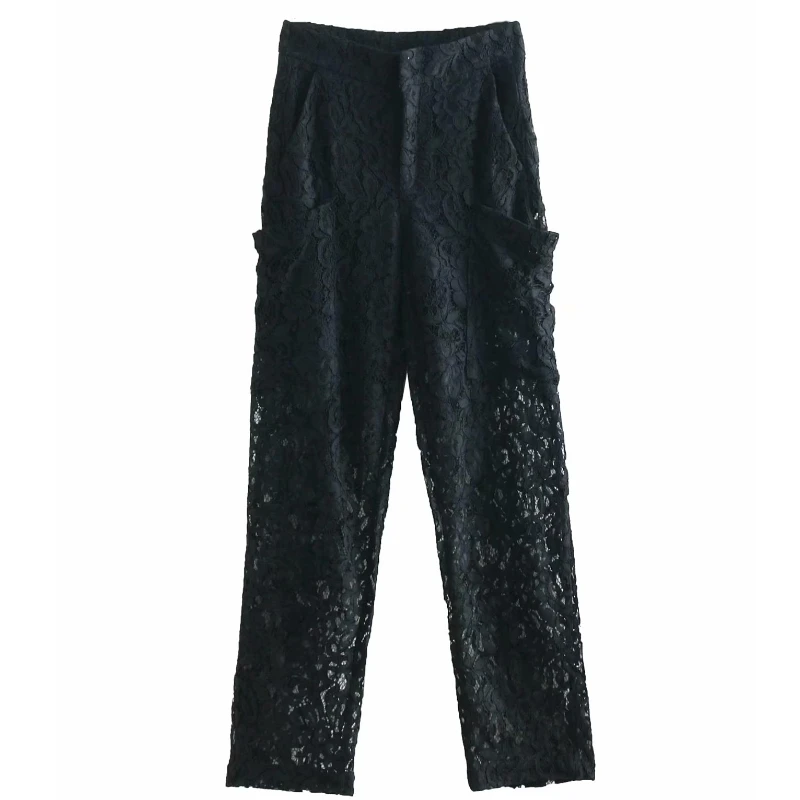 

2019 Women fashion lace hollow out black straight pants female fake zipper pockets patch long Trousers Leisure retro Pants P307