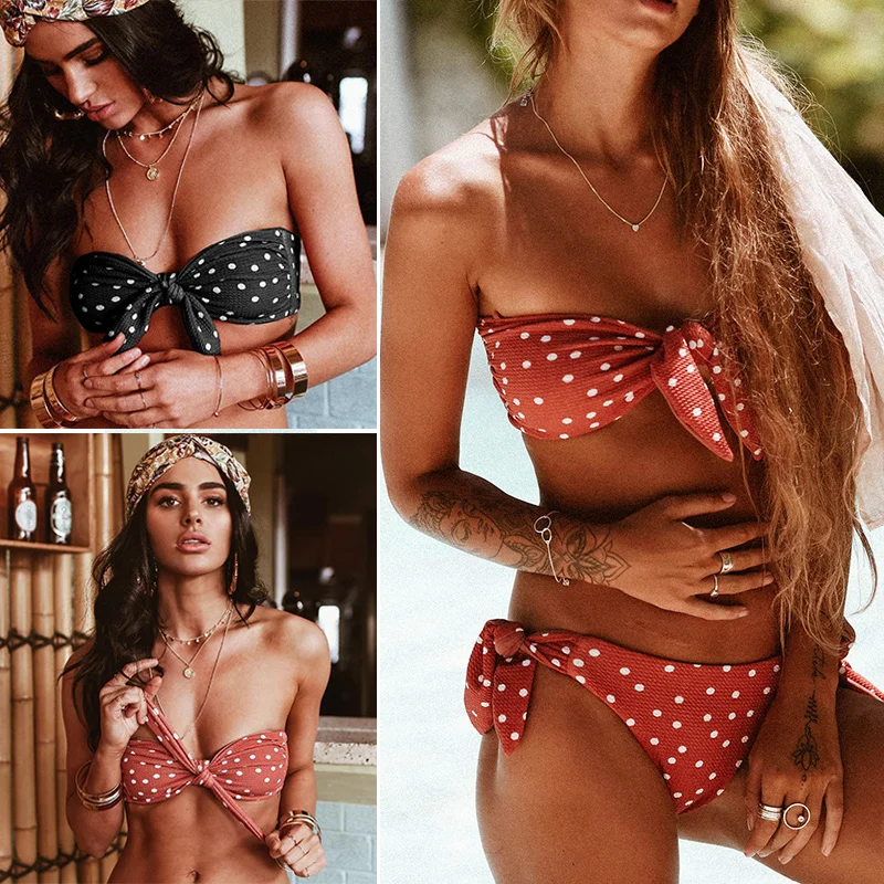 2018 Sexy Bikini Set Swimwear Women Swimsuit Push Up Polka Dot Bathing Suit Bikinis Women Biquinis Bandeau Beach Wear Female polka dot bandeau bikini set