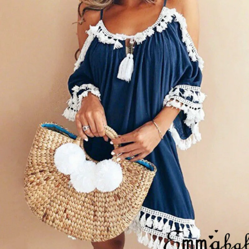 

2018 Sexy Tassel dress Fashion women Off shoulder vintage dress half sleeve beach summer dress