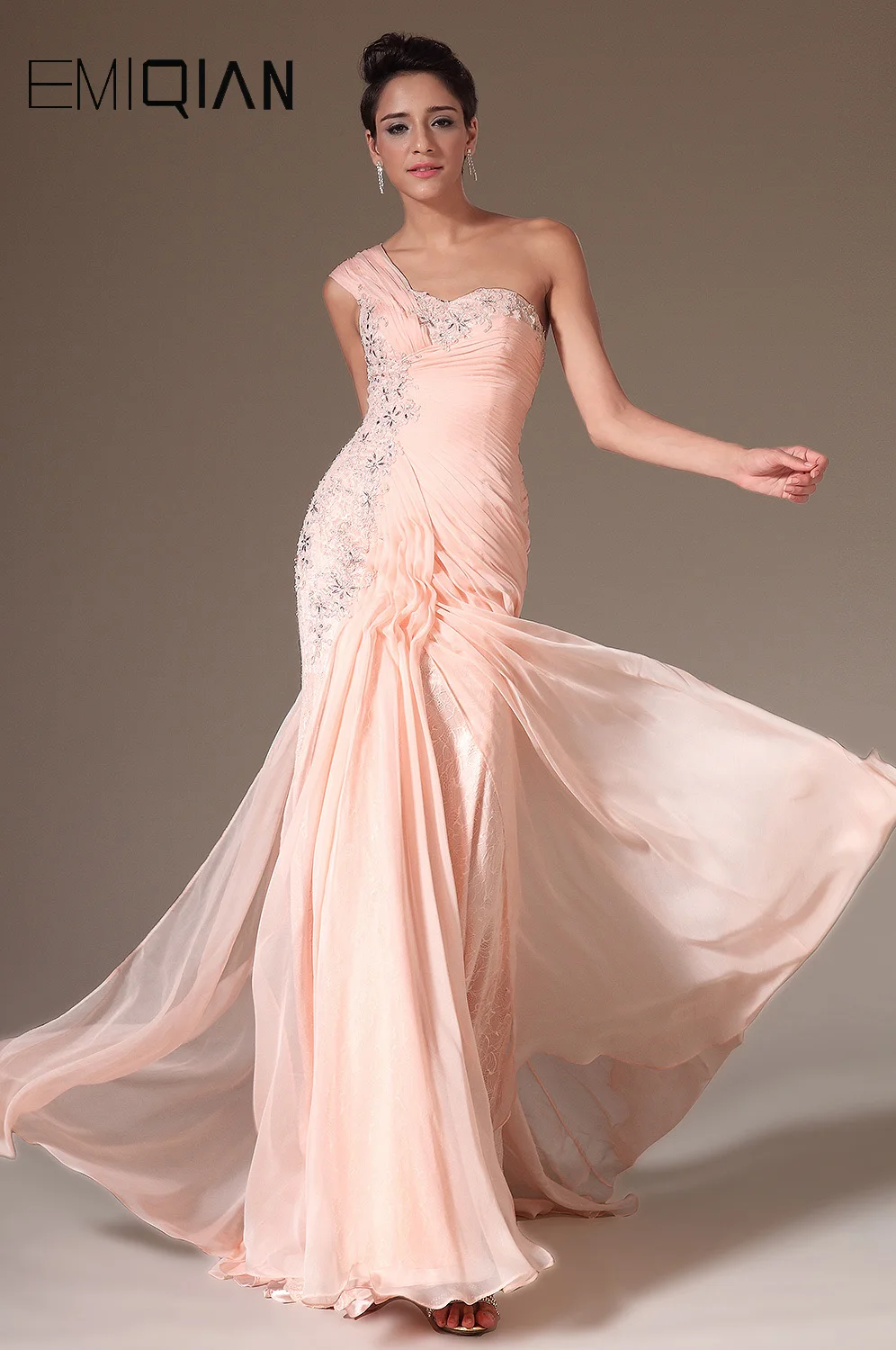 

2014 New Pink Charming One Shoulder Hand Made Flowers Beading Evening Dress