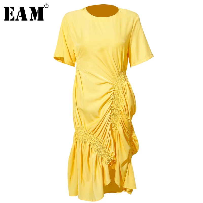 

[EAM] 2019 New Spring Summer Round Neck Short Sleeve Black Fold Irregular Split Joint Loose Dress Women Fashion Tide JW142
