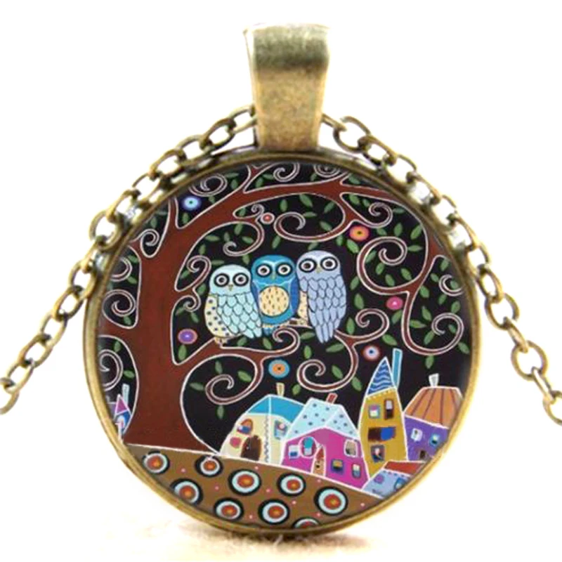 Vintage Statement Choker Necklace Jewelry Shellhard Bronze Owl Glass Cabochon Pendant Chain Charm Necklace Antique Gold Color