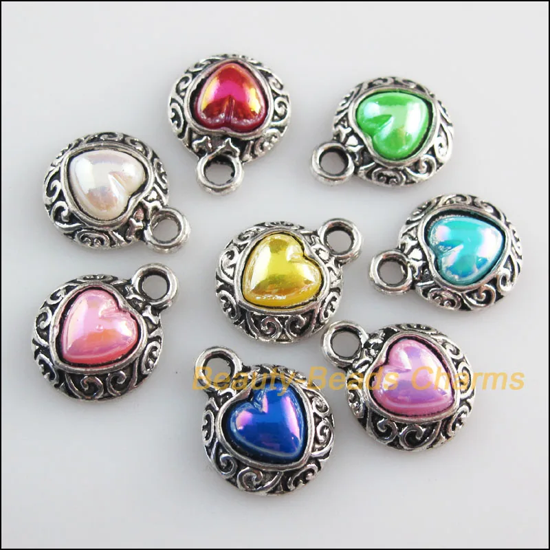 

16 New Charms Mixed Acrylic Flatback Heart Pendants Tibetan Silver Color 13x16mm