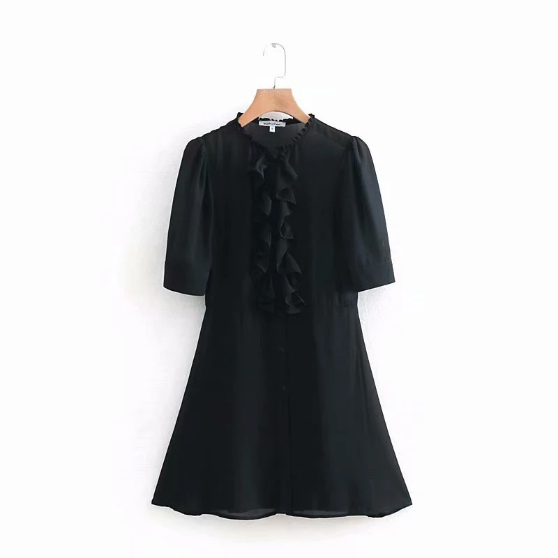 

2019 New Za Black Women Spring O-neck Mini Dresses Fashion Womens Vintage Ruffles Half Sleeve Party Dress vestidos de fiesta