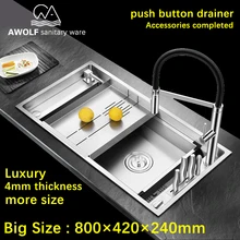 Роскошные кухонные раковины 4 мм, большие размеры, одночашные раковины, большие 304, нержавеющая сталь, над столешницей, подкрепление, прочный слот AC909