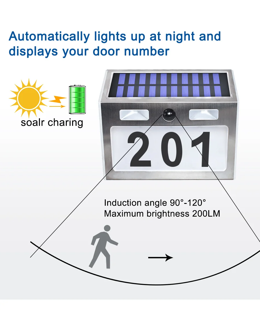 Solar House Number Plaque Light with 200LM Motion Sensor LED Lights Address
