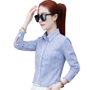 

New Fashion Lady Striped White Blouses Plus Size S-3XL Long Sleeve Autumn Women Casual Blue Shirts