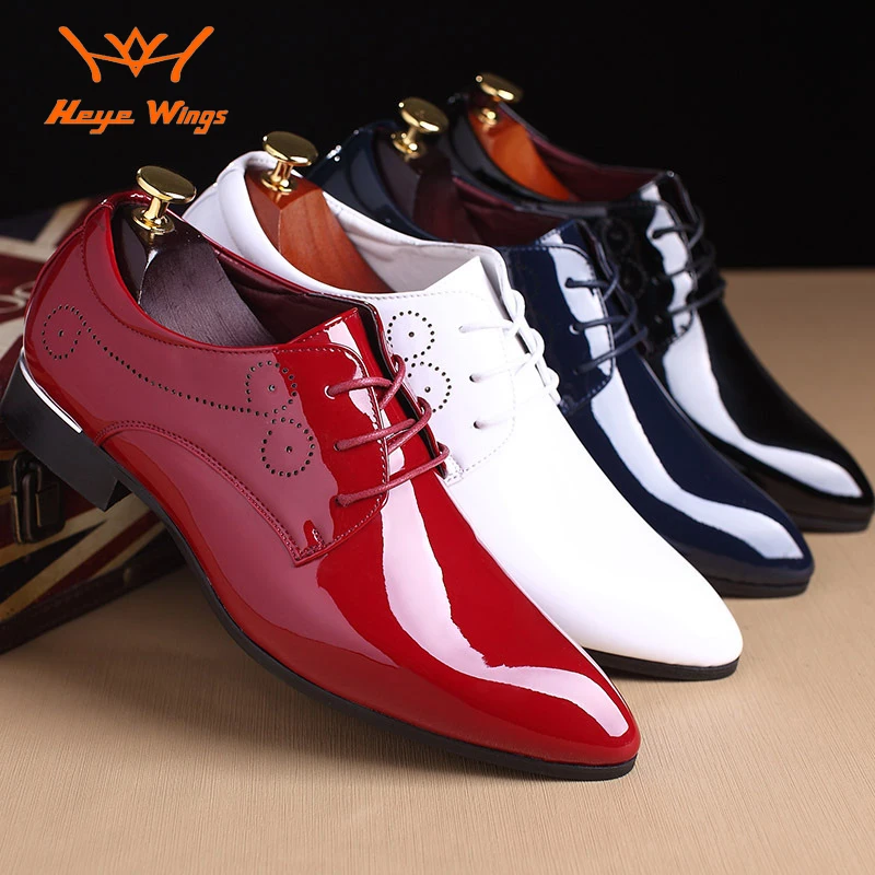 

Heye Wings gentleman business Carved dress shoes oxford Patent leather pointed toe PU leather shoes white red blue black color