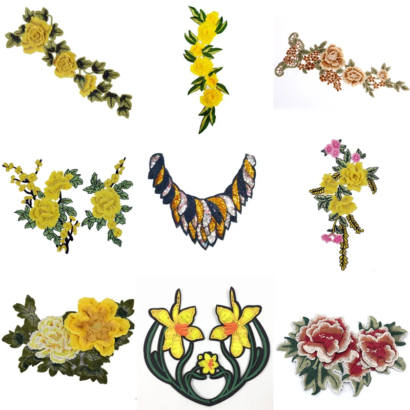 Yellow Sewing Craft Neckline Applique Fabric Flower Venise Lace Beautiful Flower Applique Lace