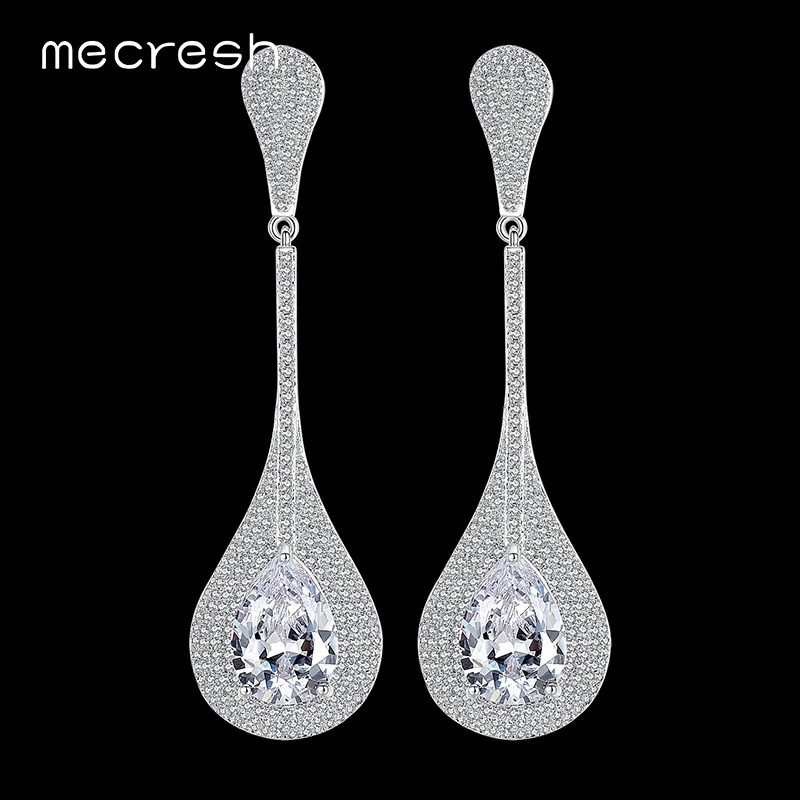 

Mecresh Waterdrop Cubic Zirconia Wedding Long Earrings for Women Silver Color Bridal Drop Brincos Party Christmas Jewelry MEH799
