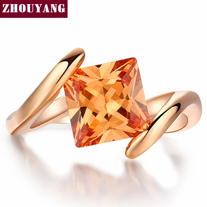

ZHOUYANG Ring For Women 8mm Square Princess cut Orangle Cubic Zirconia Rose Gold Color Fashion Jewelry Austrian Crystals ZYR419