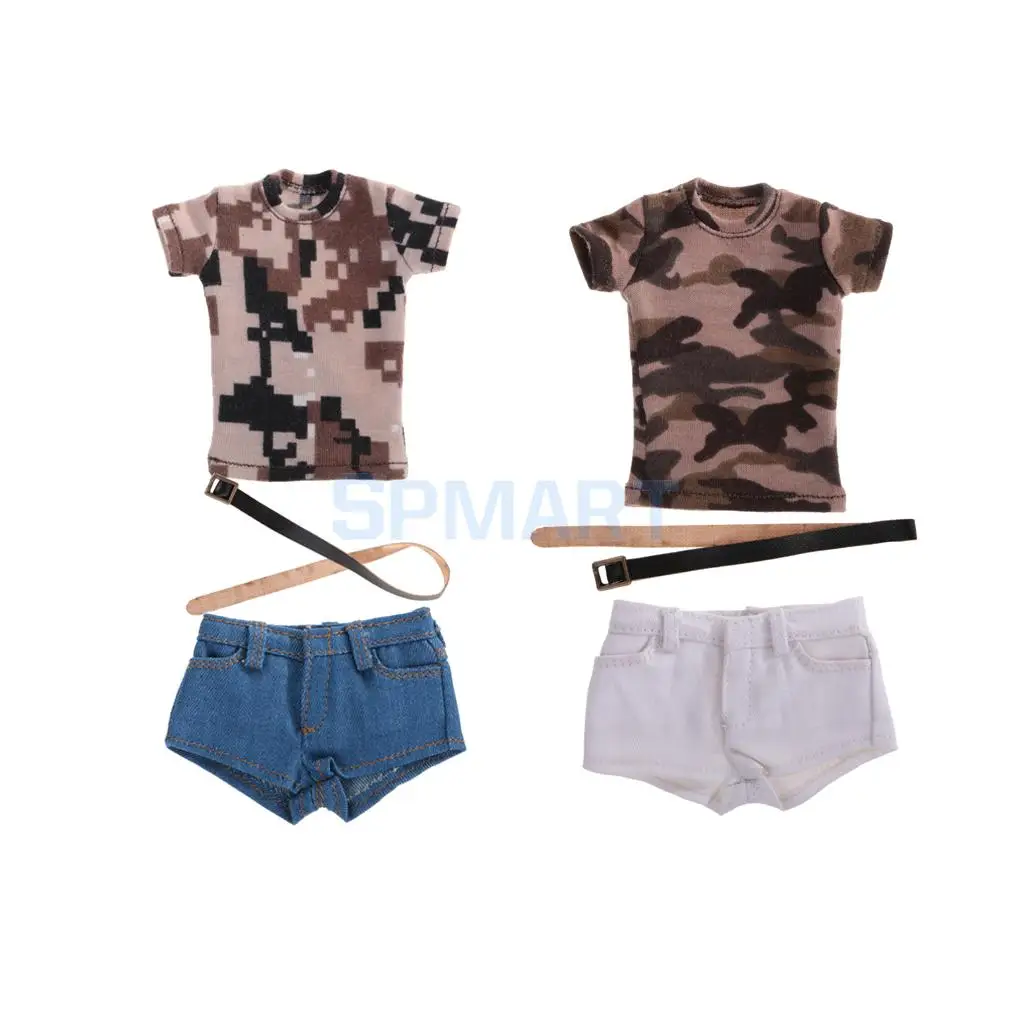 

2 Sets 1/6 Scale Short Sleeve Camouflage T-shirt Shorts and Belt Suit for 12'' Female Action Figure Hot Toys