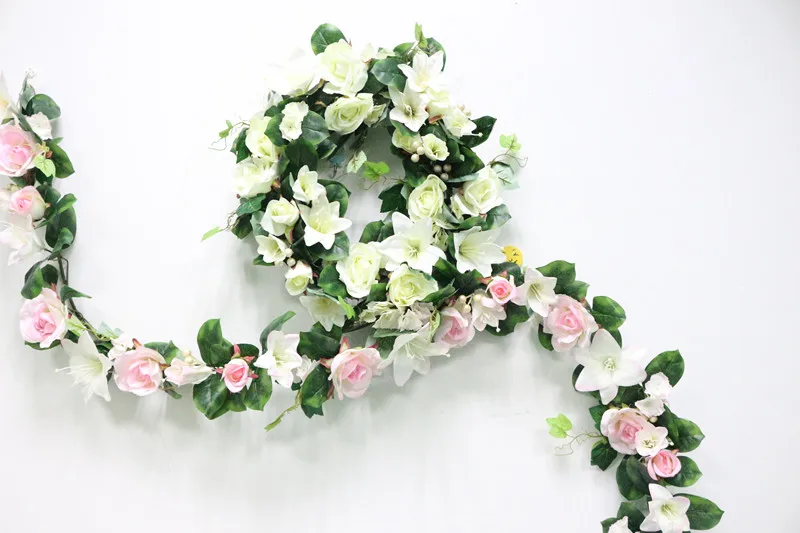 DIY Artificial Rose Lily Plants Green Leaves Simulation Cane Adornment Flowers Garland Home Wall Party Decor Vines Lintel Flower (12)