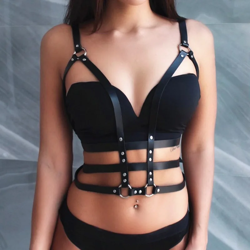 

Punk Goth Leather Harness Body Bondage Belt for Women Sexy Cage Sculpting Leather Bar Belt Chest Belts Slim strap
