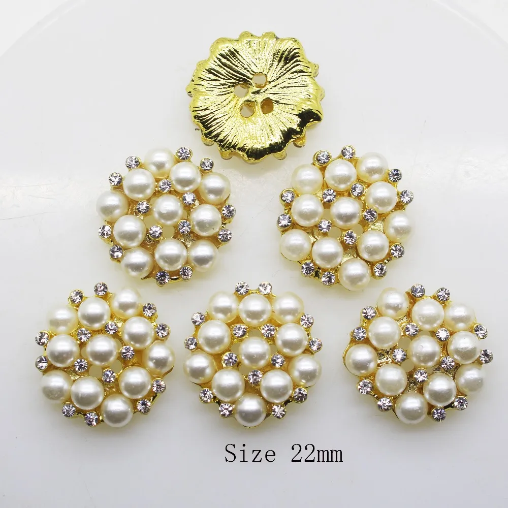 

Hot 10pcs/set Gold 22mm Round Rhinestones Buttons Pearl button wedding decoration Diy Buckles Diamante Cryusta New 2017