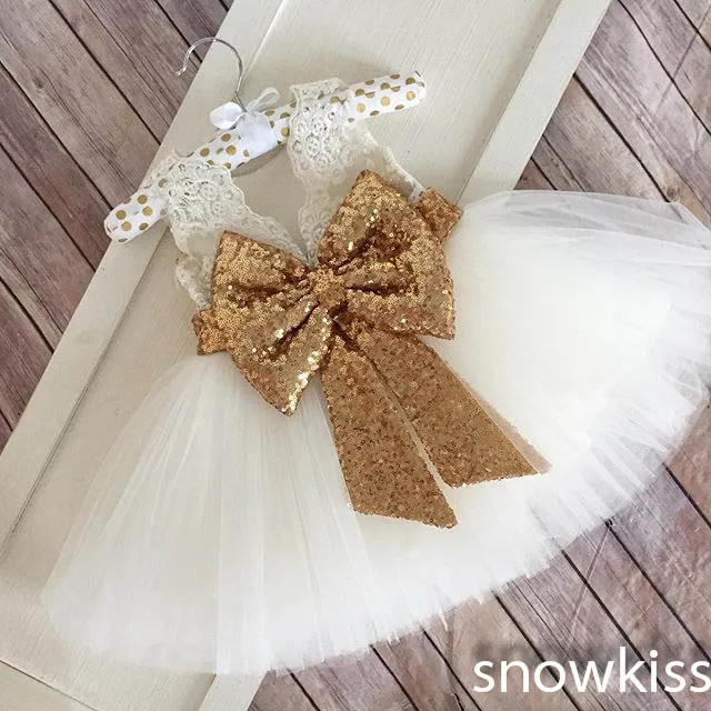 White/ivory lovely flower girls dresses with gold sequined bow kids beauty prom ball gowns baby frocks for wedding occasion