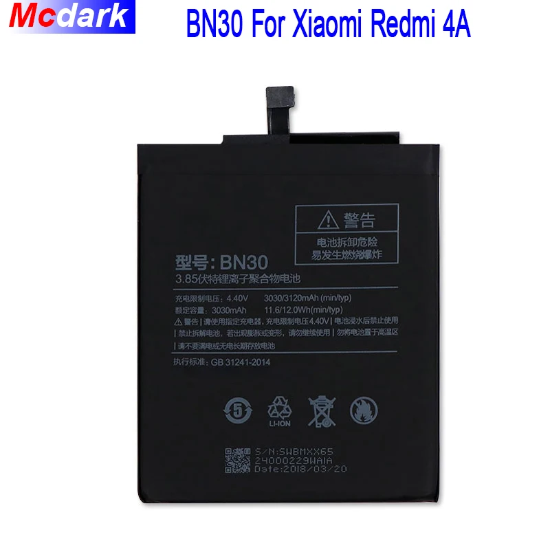 Аккумулятор 3030 мАч для Xiaomi Redmi 4A новейшая сменная батарея Li Ion BN30 смартфона Hongmi