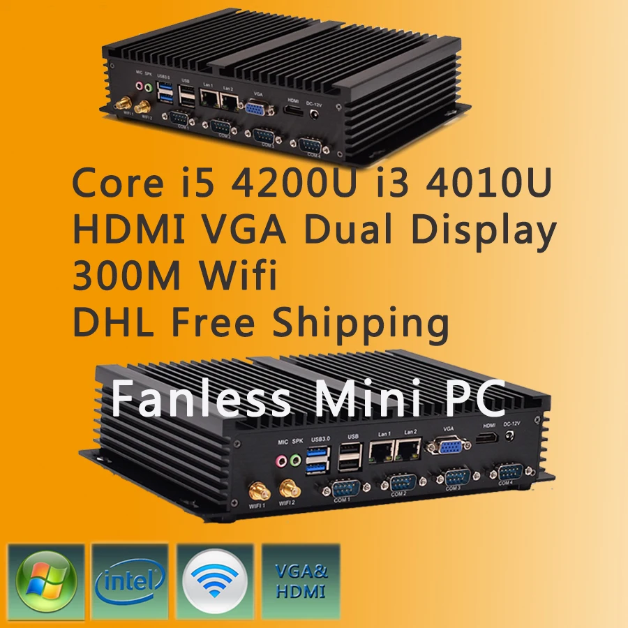 Core i5 4200U i3 4010U Industrial Computer 2 COM HDMI VGA Dual Display 300M Wifi 4K HD HTPC DHL Free Shipping Fanless Mini PC