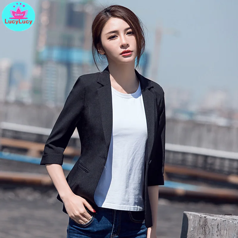 Fashion 2019 summer Korean version of the OL temperament women's suit collar seven points Slim suit Notched  Single Breasted