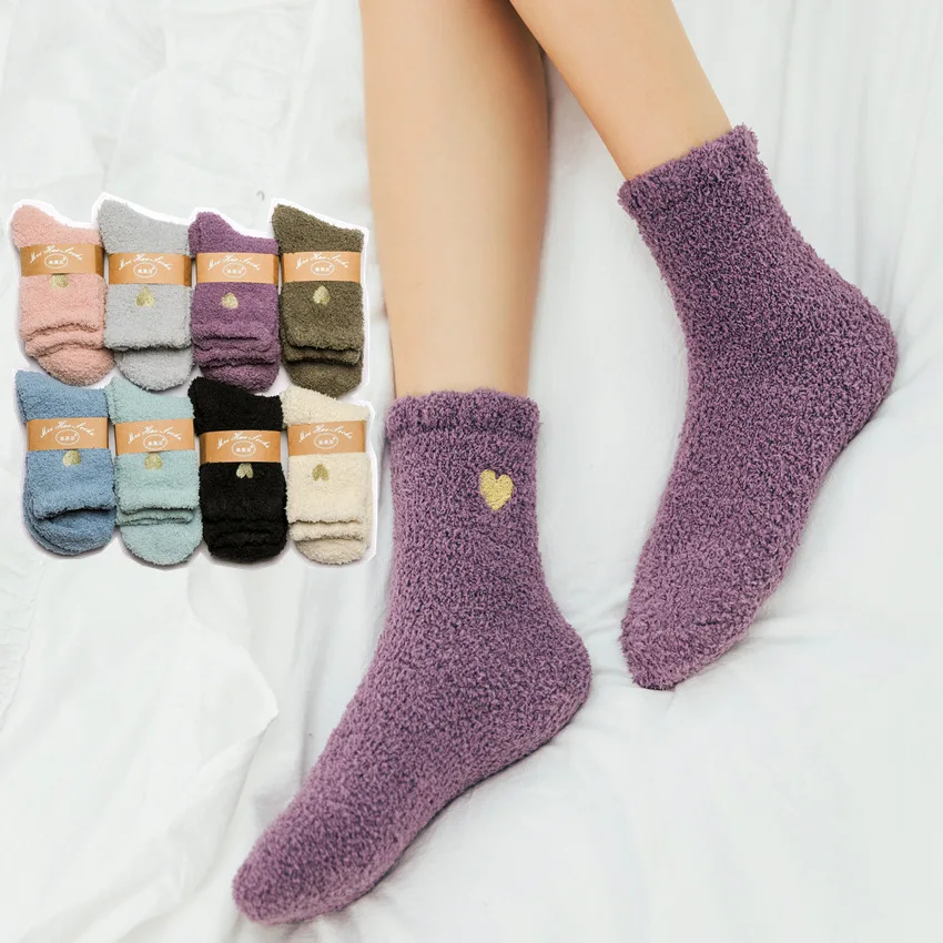 

Lovely Harajuku Coral Fleece Socks Female Winter Warm Add Thick Embroidery Love Floor Soft Socks Home Sleep Socks women