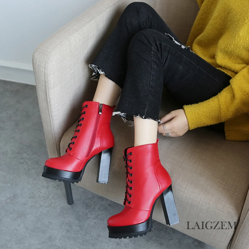 LAIGZEM FASHION Women Ankle Boots Platform Waterproof Lace Up Boots Chunky Stiletto Heels Botines Mujer Small Big Size 3-10.5 (2)