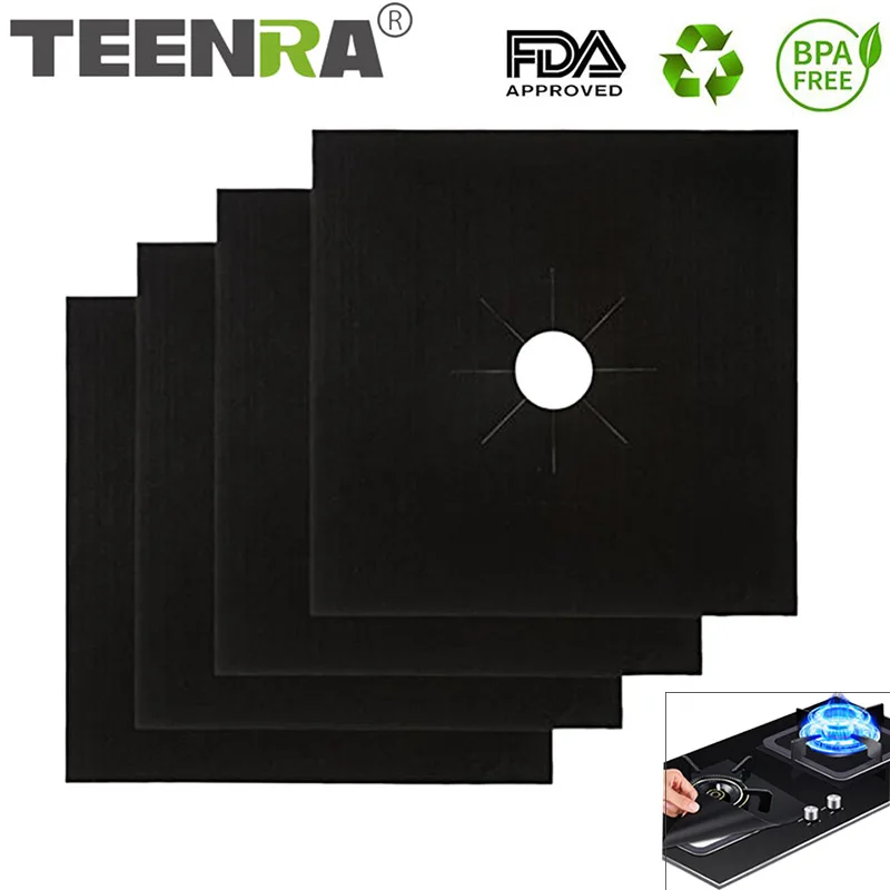 

TEENRA 4Pc/set Teflon Gas Stove Cover Clean Mat Protector For Gas Stove Oil Protector Mat Resuable Oil Foil Kitchen Tools