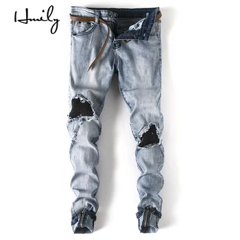 

HMILY New Hiphop Hole Mens Jeans Skinny Straight Elastic Denim Pants Destroyed Male Pleated Ankle Zipper Ripped Tight Jeans