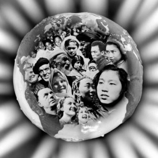 Globe with photographs of different people Poster Print (24 x 36)