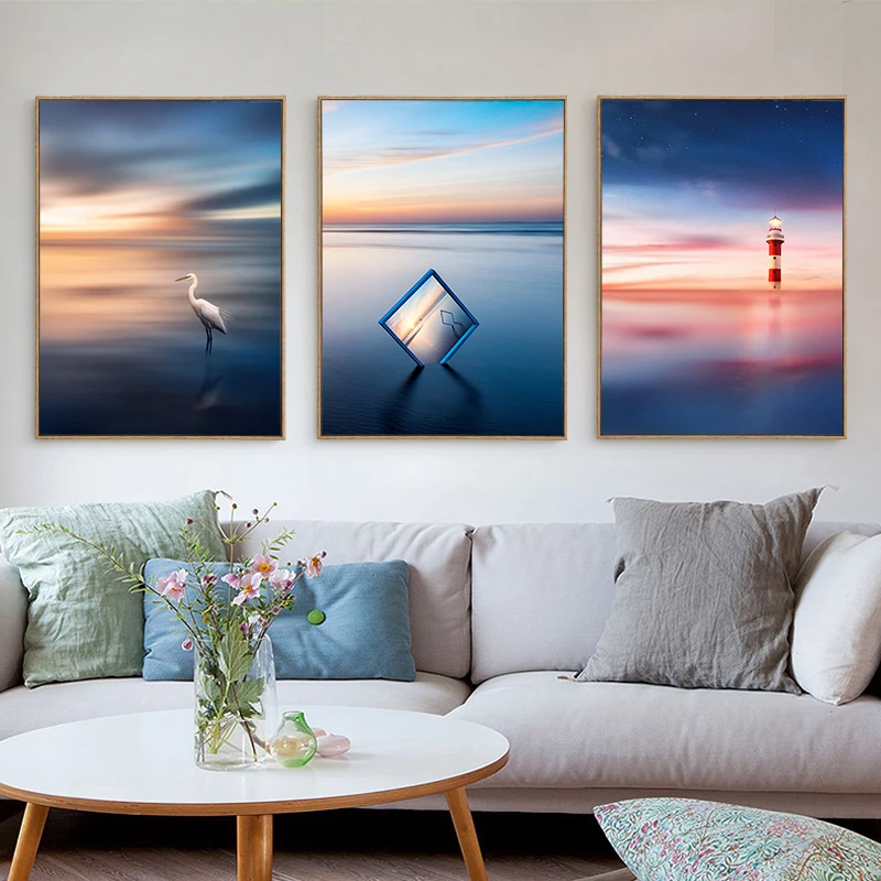 Scandinavian-Transparent-Photo-Frame-Sunrise-Landscape-Canvas-Painting-Aurora-Lighthouse-Wall-Picture-Seagull-Ocean-Poster-Decor (3)