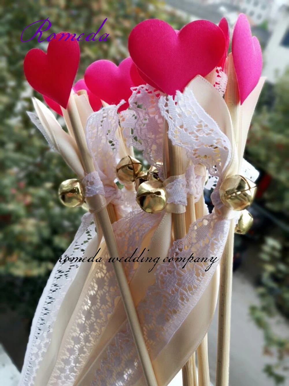 

New Style Cream Ribbon Lace Wedding Wands With Red Heart Wedding Ribbon Stick,ribbon Twirling Streamers