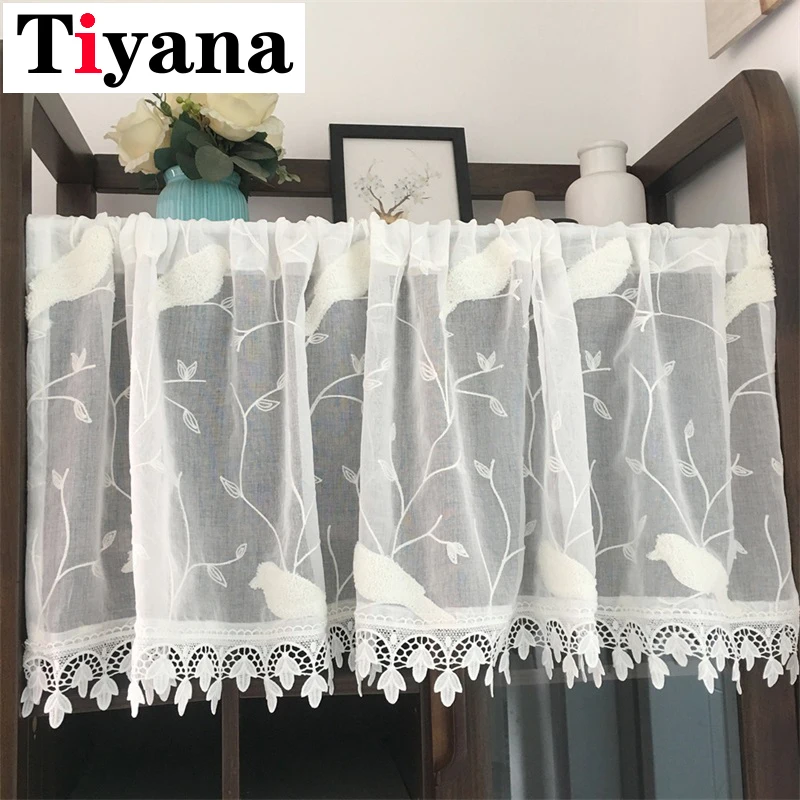 

Pastoral White Embroidered Birds Small Half Curtains For Kitchen Door Occlusion Short Window Screen Laciness Partition SC026D4