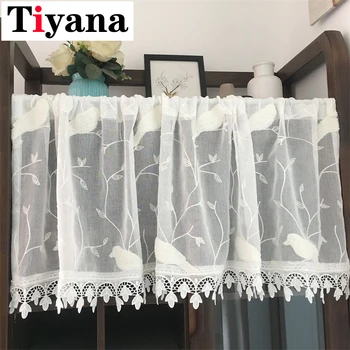 

Pastoral White Embroidered Birds Small Half Curtains For Kitchen Door Occlusion Short Window Screen Laciness Partition JK326Y