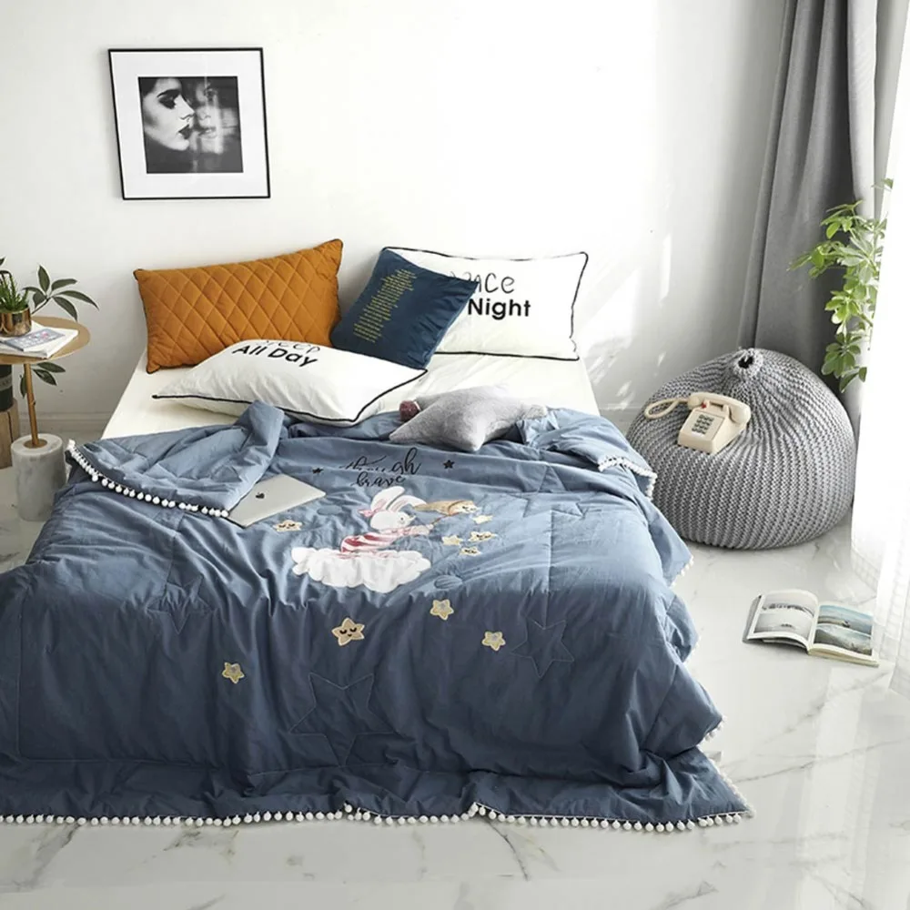 

2019 Blue Grey Bunny Stars Thin Summer Quilt Air-condition Embroidery Comforter Washed Cotton Fabric Polyester Queen Size
