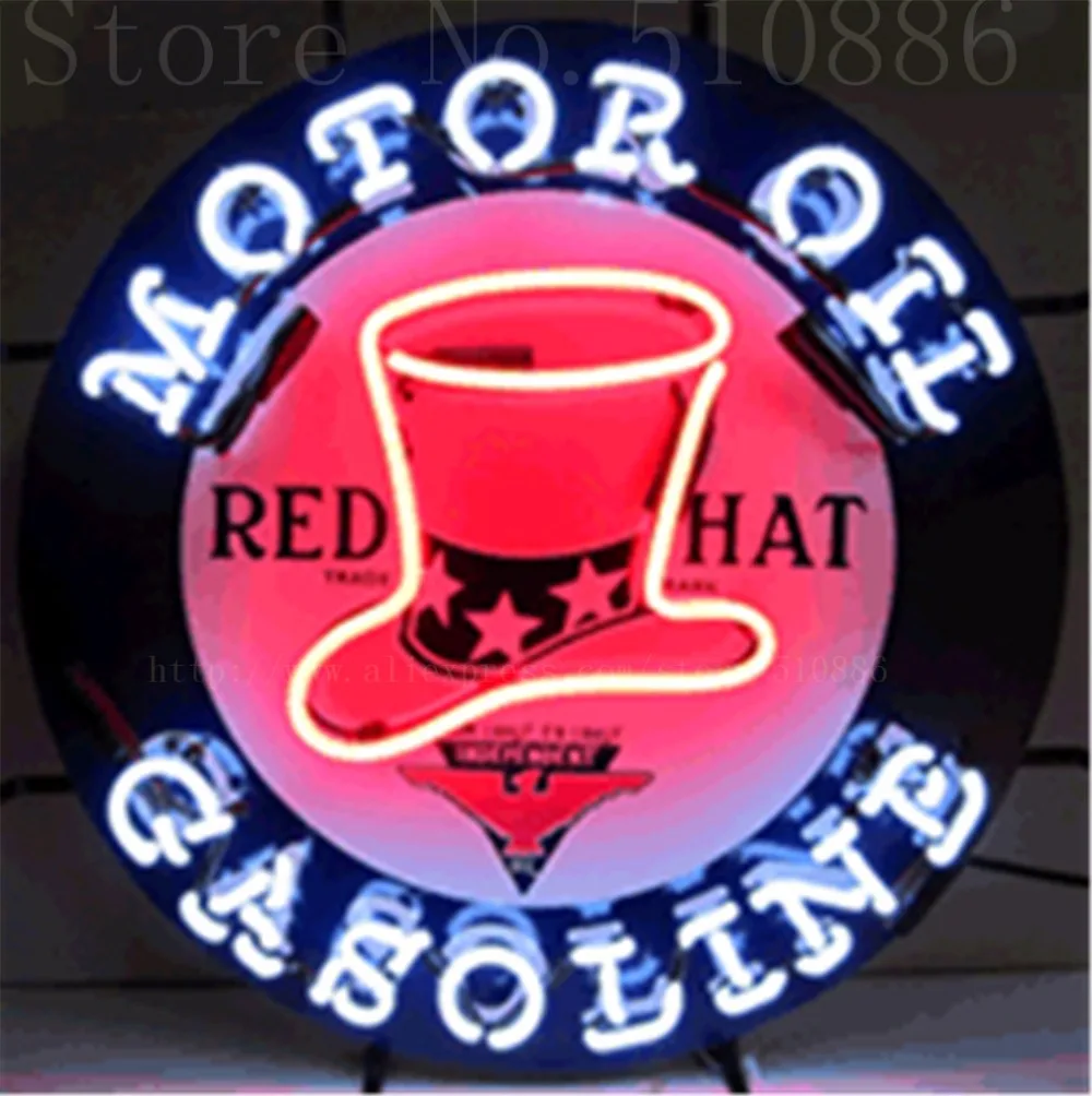 

Red Hat Gasoline Moter Oil Glass Tube neon sign Handcrafted Automotive signs Beer Club Pub Shop Store Signage Signage 18"x18"