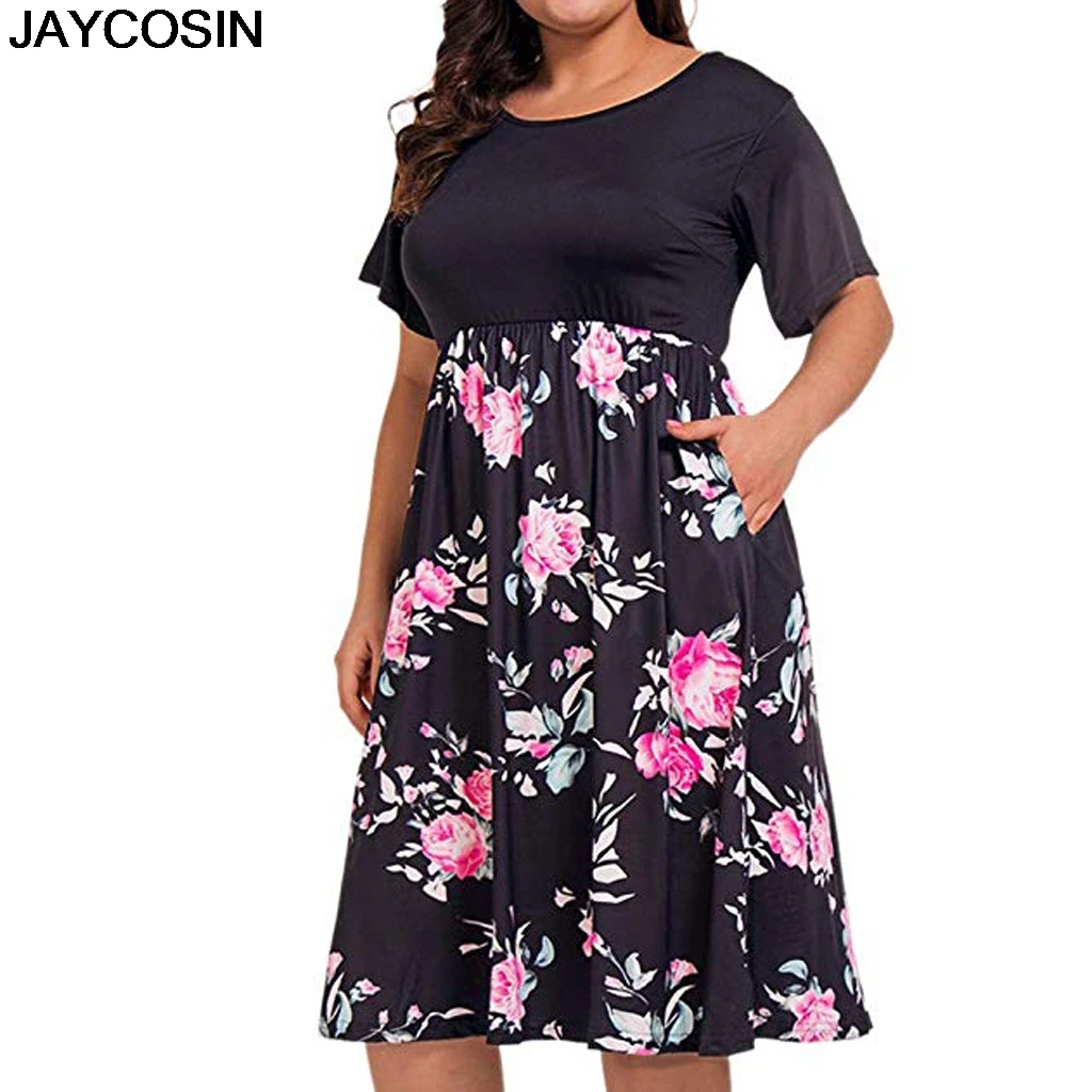 

JAYCOSIN Fashion Plus Size Women Dress Casual Print O-Neck Pockets Short Sleeve Patchwork Dress Summer Vestido XL-5XL