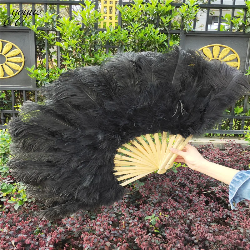 

High Quality 15 Bone Black Ostrich Feathers Fan Halloween Party Wedding Celebration Belly Dance Show DIY Decorative Feathers Fan