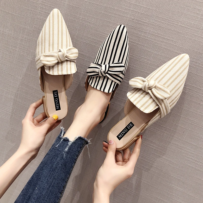

Stylish Ladies Striped Bowtie Flats Slip On Heels Mules Shoes Outdoor Work Retro Slippers Summer Fashion Slides zapatos de mujer