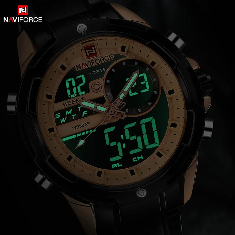 Часы NAVIFORCE мужские спортивные цифровые водонепроницаемые стальные светодиодные