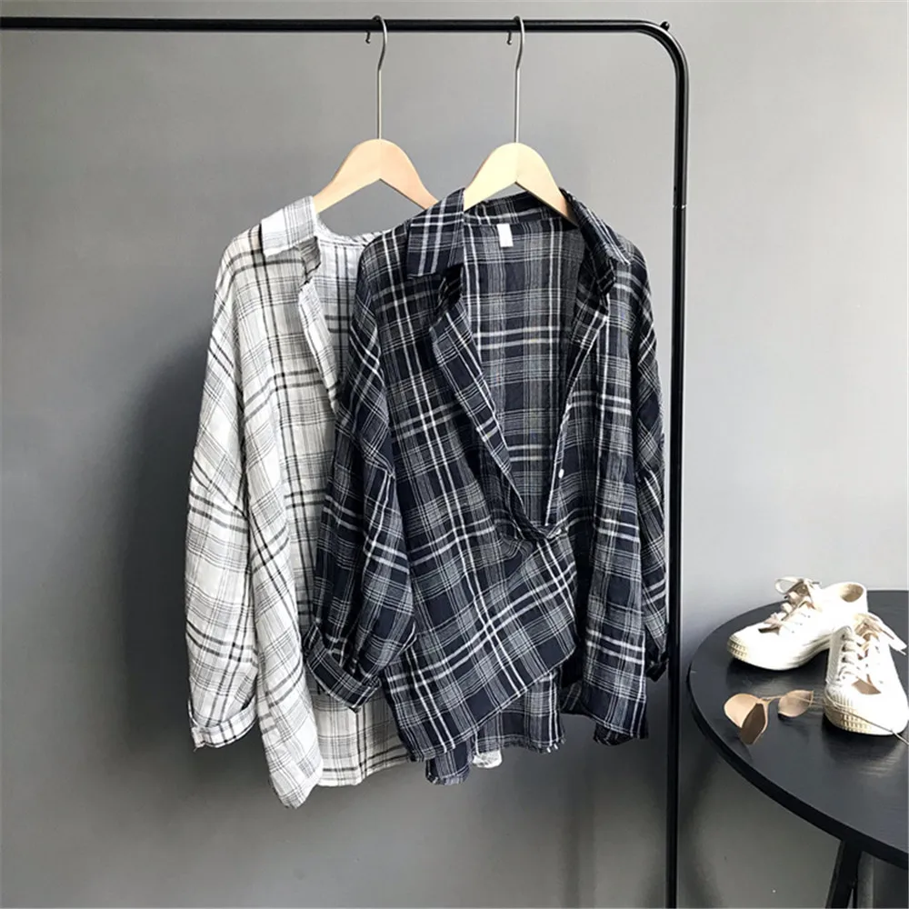  Wide Shoulder Plaid Women Blouses 2018 Autumn Linen Big Chest Plaid Shirts Loose Women Top Blusas Lantern Sleeve Clothing (2)