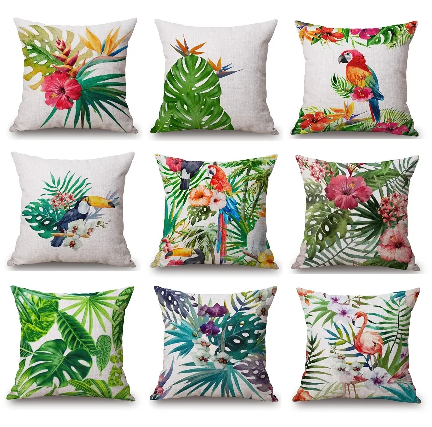 

Beige Linen Hibiscus Flowers Cushion Covers Watercolor Plants Green Leaves Bird Parrot toucan Flamingo Cushion Cover Pillow Case