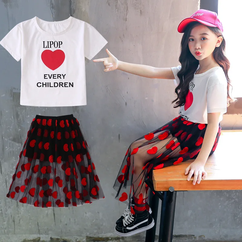 

4-10 years 2019 new girls summer clothes sets 2 pcs children's cotton short sleeve + mesh skirt two-piece fashion suit 9505