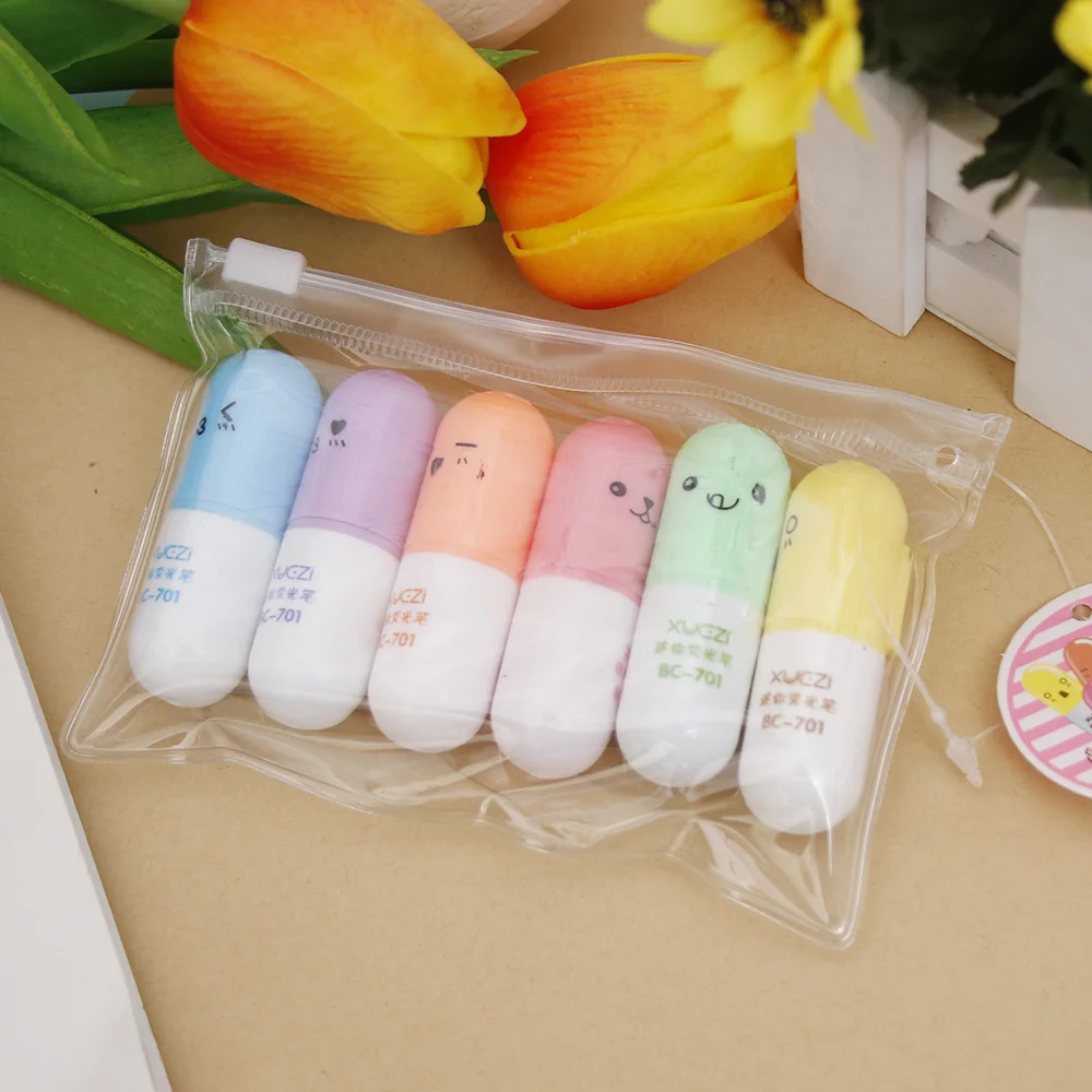 

6 Pcs/lot Capsules Highlighter Vitamin Pill Highlight Marker Color Pens Stationery Office School Supplies