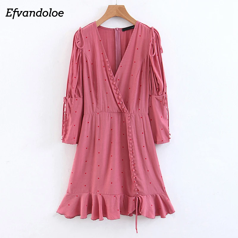 

Efvandoloe Pink Dress Women Long Sleeve V neck A line Sweet Beach Holiday Fashion Dresses